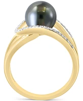 Effy Black Tahitian Pearl (8mm) & Diamond (1/6 ct. t.w.) Abstract Openwork Statement Ring in 14k Gold