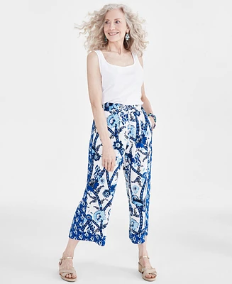 Style & Co Petite Printed Linen Pull On Cropped Drawstring Pants, Created for Macy's