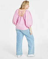 On 34th Trendy Plus Linen-Blend Volume-Sleeve Top, Created for Macy's
