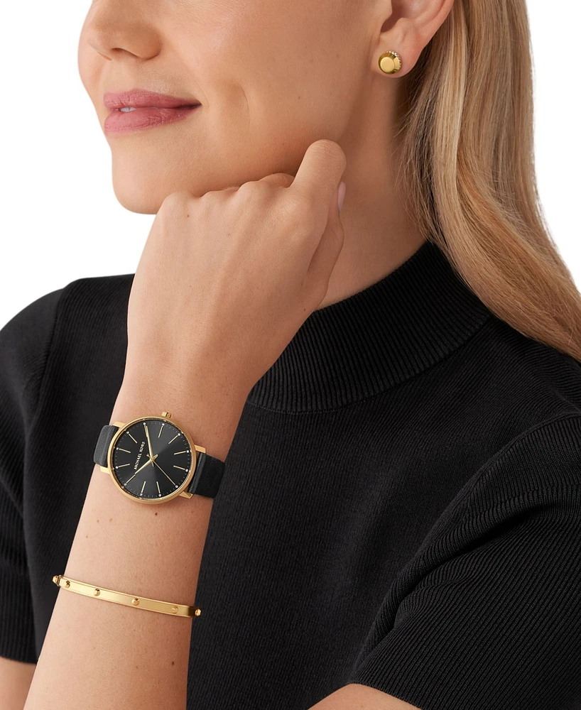 Michael Kors Women's Pyper Three-Hand Black Leather Watch 38mm and Jewelry Gift Set