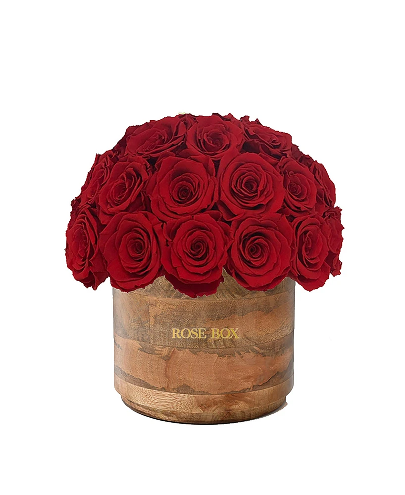 Rose Box Nyc Half Ball of Red Flame Long Lasting Preserved Real Roses Classic Rustic Vase, 35 Roses