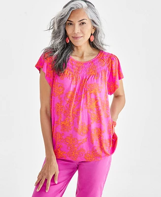 Style & Co Petite Iris Dreams Printed Smocked-Neck Flutter-Sleeve Top, Created for Macy's