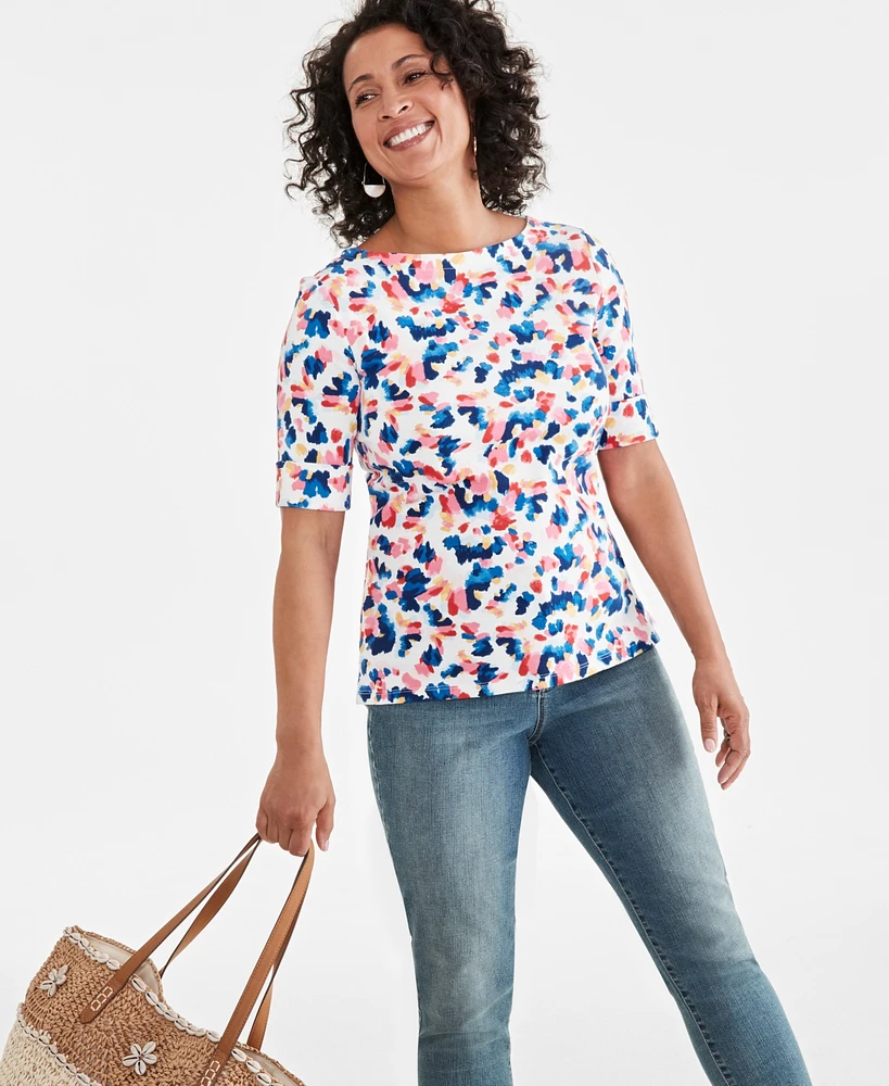 Style & Co Petite Dreamy Dye Boat Neck Elbow-Sleeve Top, Created for Macy's