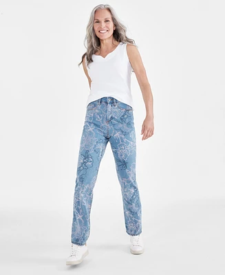 Style & Co Petite High Rise Floral Print Straight-Leg Jeans, Created for Macy's