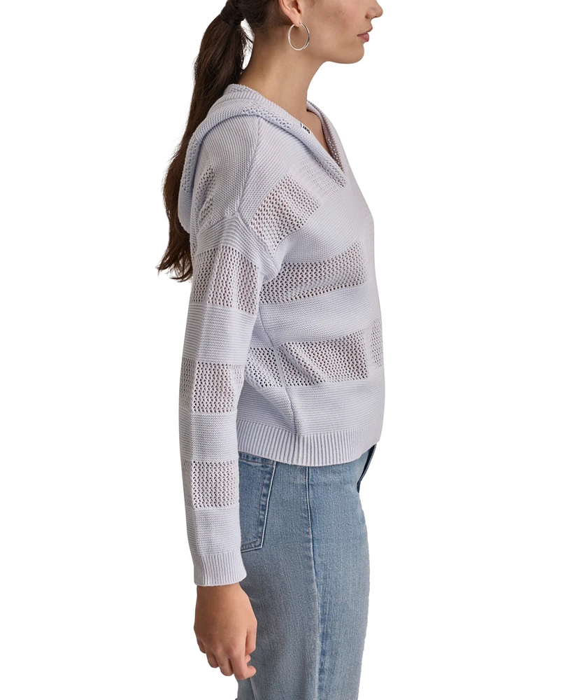Dkny Jeans Women's Pointelle Stripe V-Neck Hooded Sweater
