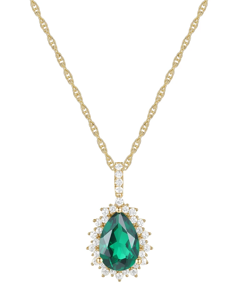 Lab-Grown Emerald (2-1/4 ct. t.w.) & Lab-Grown White Sapphire (1/2 ct. t.w.) Pear Halo 18" Pendant Necklace in 14k Gold-Plated Sterling Silver