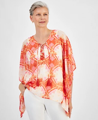 Jm Collection Women's Lace-Up V-Neck Asymmetic-Hem Poncho Top, Created for Macy's