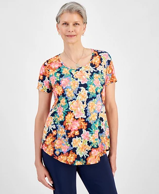 Jm Collection Women's Scoop-Neck Short-Sleeve Printed Knit Top, Created for Macy's