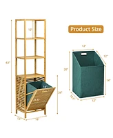 Costway Tilt-out Laundry Hamper Bamboo Tower Hamper w/3-Tier Shelves