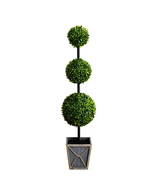Nearly Natural 45in. Uv Resistant Artificial Triple Ball Boxwood Topiary with Led Lights in Decorative Planter Indoor/Outdoor