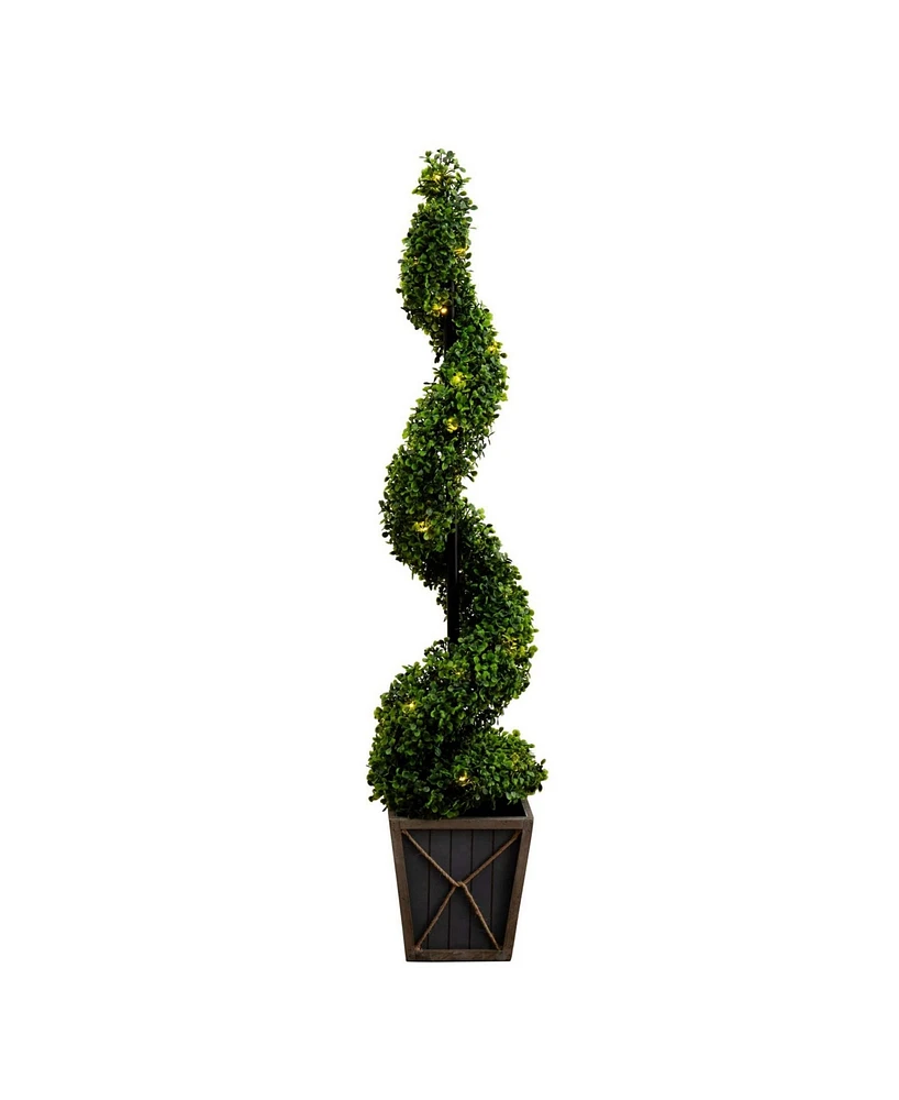 Nearly Natural 45in. Uv Resistant Artificial Boxwood Spiral Topiary Tree with Led Lights in Decorative Planter Indoor/Outdoor