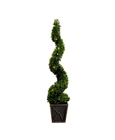 Nearly Natural 45in. Uv Resistant Artificial Boxwood Spiral Topiary Tree with Led Lights in Decorative Planter Indoor/Outdoor