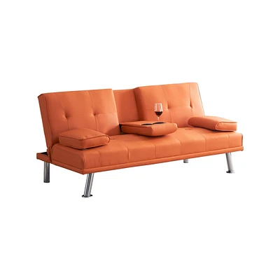 Simplie Fun 67" Orange Pu Multifunctional Double Folding Sofa Bed For Office With Coffee Table