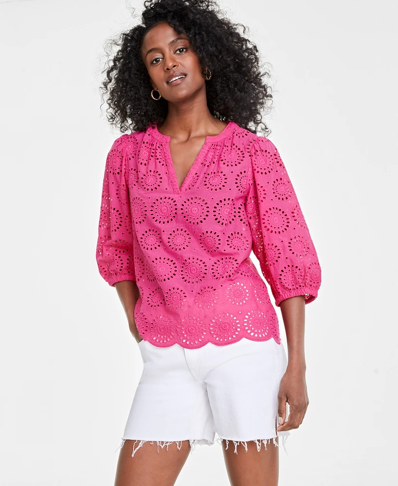 On 34th Women's Solid Eyelet Puff-Sleeve Blouse, Created for Macy's