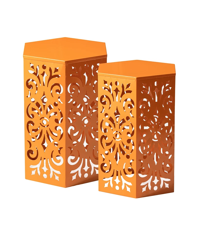 Glitzhome Multi-Functional Set of 2 Orange Cutout Floral Hexagonal Garden Stools or Planter Stand