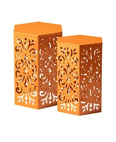 Glitzhome Multi-Functional Set of 2 Orange Cutout Floral Hexagonal Garden Stools or Planter Stand