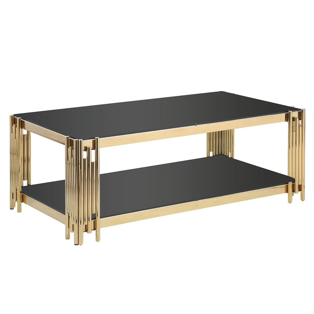 Simplie Fun Golden Stainless Steel Double Layer Coffee Table With Black Glass Top