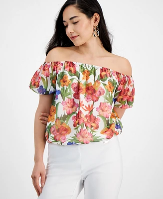 I.n.c. International Concepts Petite Floral Print Puff-Sleeve Top, Created for Macy's