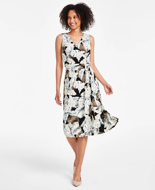 kasper fit and flare dress Kasper Plus Size Printed Elbow-Sleeve Midi Dress - Black Multi