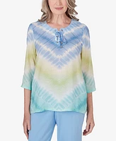 Alfred Dunner Women's Hyannisport Tie Dye Chevron Tunic Crew Neck Top