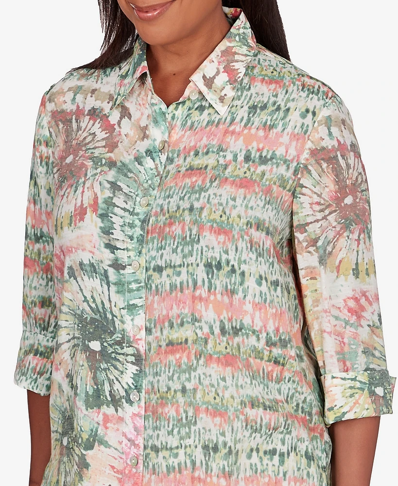 Alfred Dunner Women's Tuscan Sunset Tie Dye Button Down Blouse Top