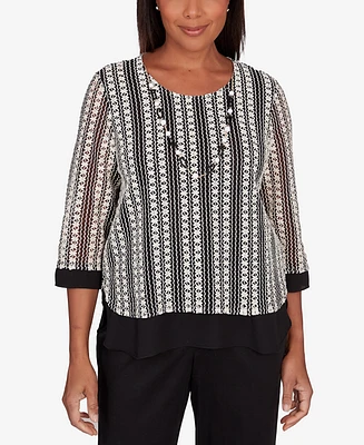 Alfred Dunner Women's Opposites Attract Striped Texture Top with Necklace