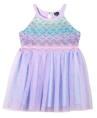 Pink Violet Little Girls Sleeveless Mermaid Crochet Mesh Dress