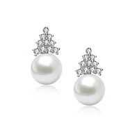 Genevive Sterling Silver White Gold Plated Cubic Zirconia Pearl Earrings