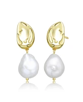 Genevive Elegant Sterling Silver with 14K Gold Plating and Genuine Freshwater Pearl Dangling Earrings