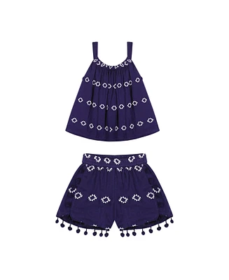 Mer St. Barth Little Girls Colette Top And Short Set Navy Embroidery