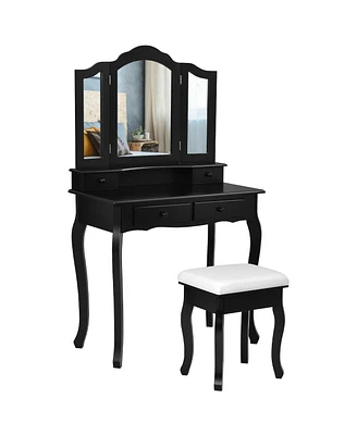 Sugift 4 Drawers Wood Mirrored Vanity Dressing Table with Stool