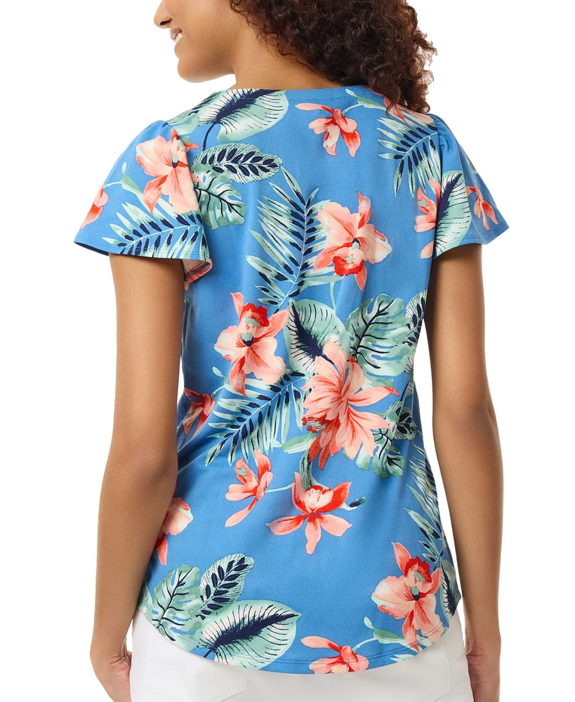 Jones New York Women's Floral Print V-Neck Flutter-Sleeve Top