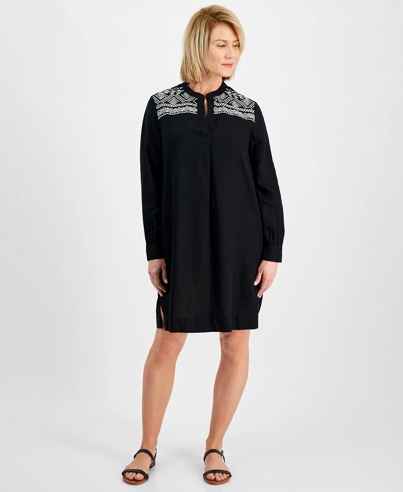 Style & Co Petite Bruno Embroidered Popover Linen-Blend Shift Dress, Created for Macy's