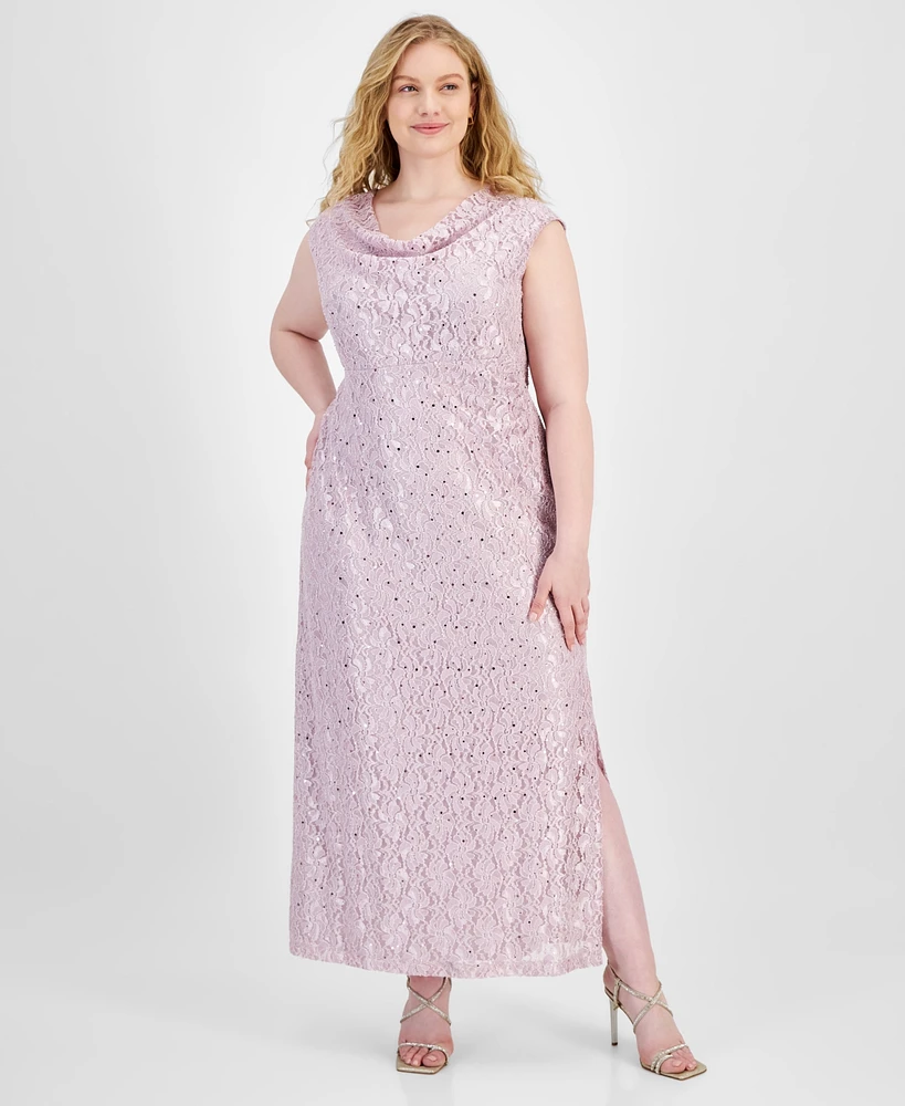 Connected Plus Size Sequined Lace Draped-Neck Gown