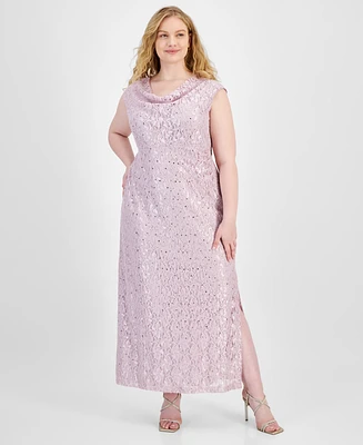 Connected Plus Sequined Lace Draped-Neck Gown