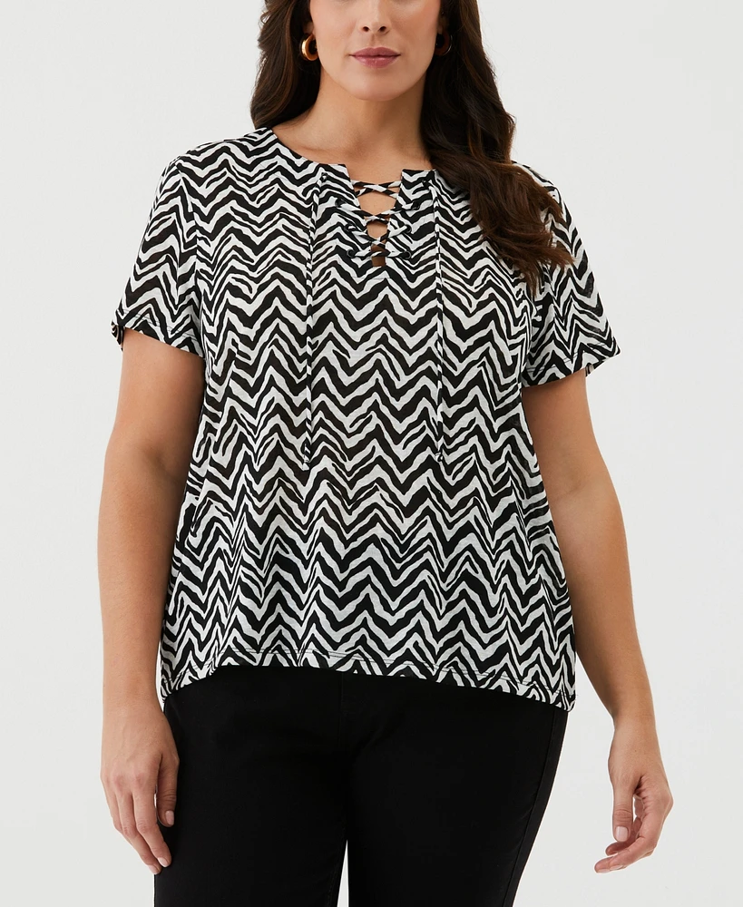 Ella Rafaella Plus Size Chevron Print Lace-Up Short Sleeve Tee Shirt