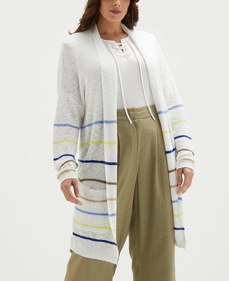 Ella Rafaella Plus Cotton-Linen Blend Striped Cardigan Sweater