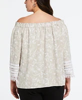 Ella Rafaella Plus Size Linen Blend Peasant Top with Lace Sleeve