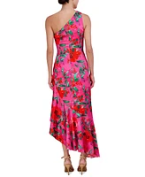 Eliza J Petite Floral Satin Asymmetric-Hem Midi Dress