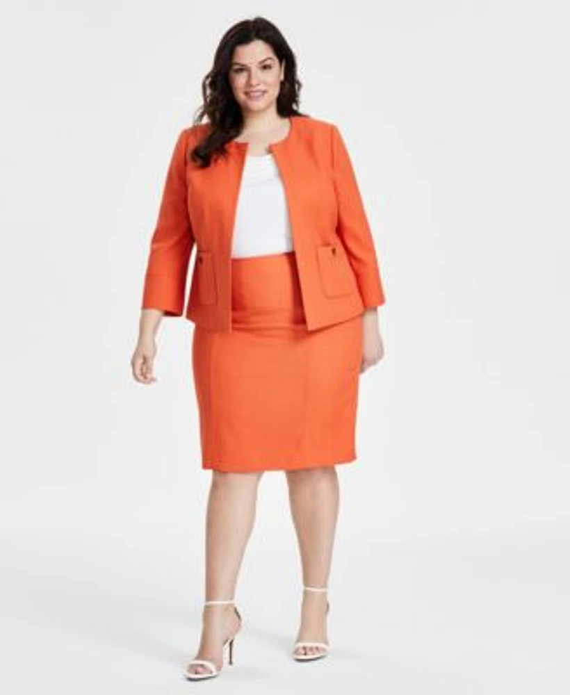 Kasper Plus Size Open Front Blazer Cowl Neck Top Textured Skirt