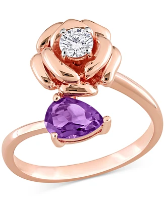 Amethyst (5/8 ct. t.w.) & White Topaz (1/3 Rose Bypass Ring Rose-Plated Sterling Silver