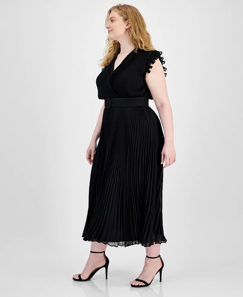 Taylor Plus Pleated Belted A-Line Dress