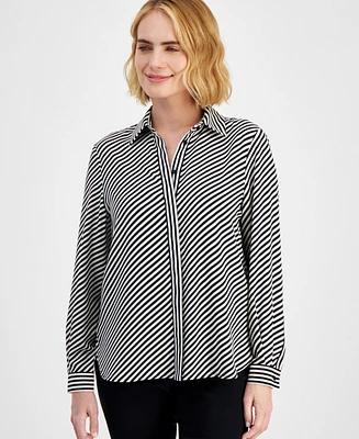 Anne Klein Petite Striped Covered-Placket Long-Sleeve Top