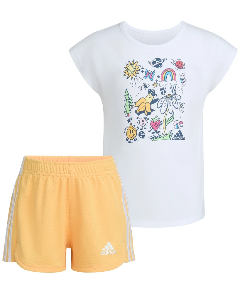 adidas Little & Toddler Girls Graphic T-Shirt Mesh Shorts, 2 Piece Set