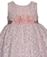 Bonnie Baby Girls Lace Overlay Dress with Illusion Neckline and Ribbon Waistline