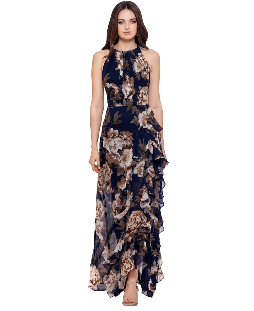 Betsy & Adam Petite Chiffon Floral-Print Ruffle Dress