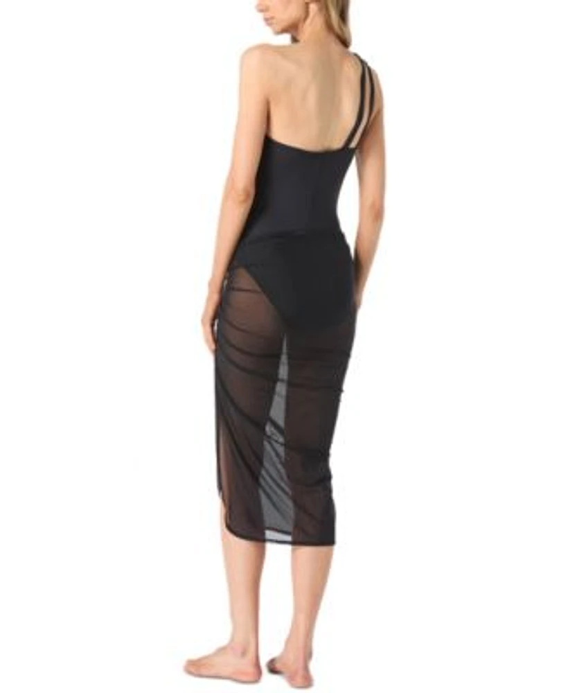 Michael Michael Kors Womens Zip Front One Shoulder One Piece Swimsuit Sheer Zipper Cover Up Skirt