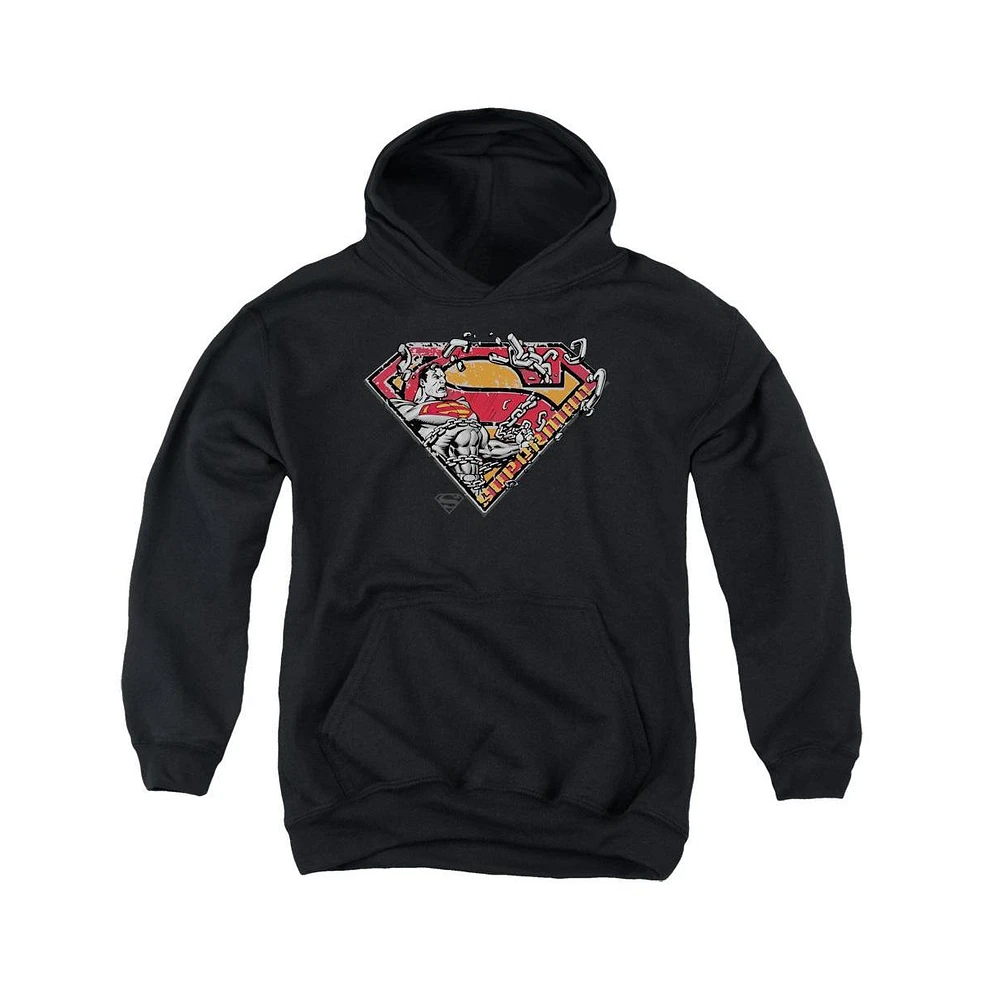 Superman Boys Youth Breaking Chain Logo Pull Over Hoodie / Hooded Sweatshirt