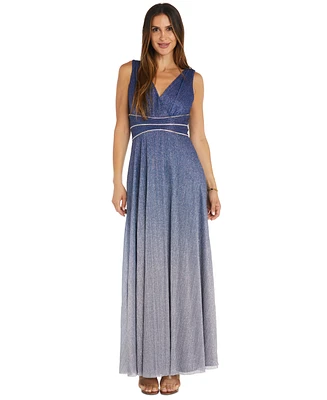 R & M Richards Women's Embellished Ombre Metallic Gown