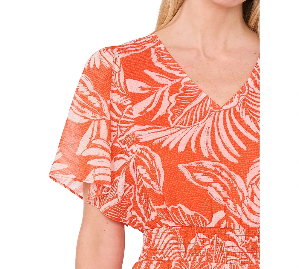 CeCe Women's Tropical-Print Smocked-Waist Flutter-Sleeve Maxi Dress